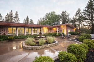 Outdoor view of the fountain in front of The Pines